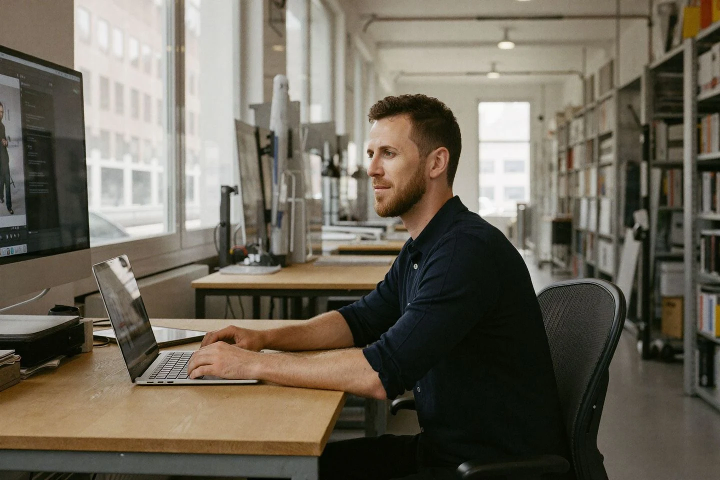 Matthias Isler working at a desk in a technology studio